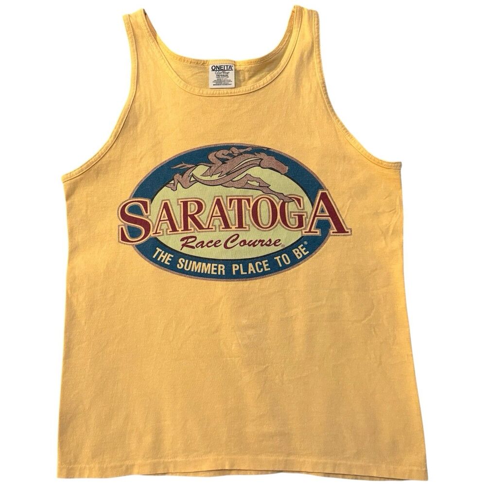 Vintage 90s Oneita Saratoga Race Course NY Tank Top Yellow Horse Graphic Medium